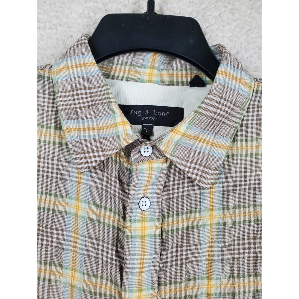 Rag & Bone Shirt Mens L Beige Yellow Plaid Check Gauze Button Up SS Autumn - Picture 6 of 11